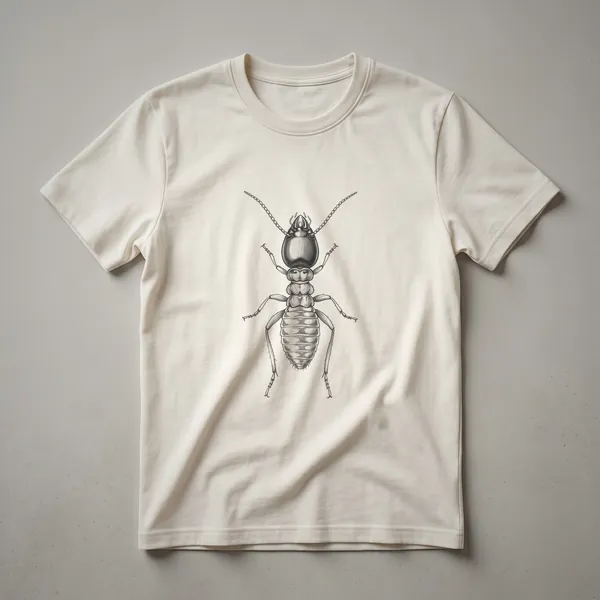 A black and white line drawing of a termite, viewed from above, on a dark background, representing a vintage insect art t-shirt.