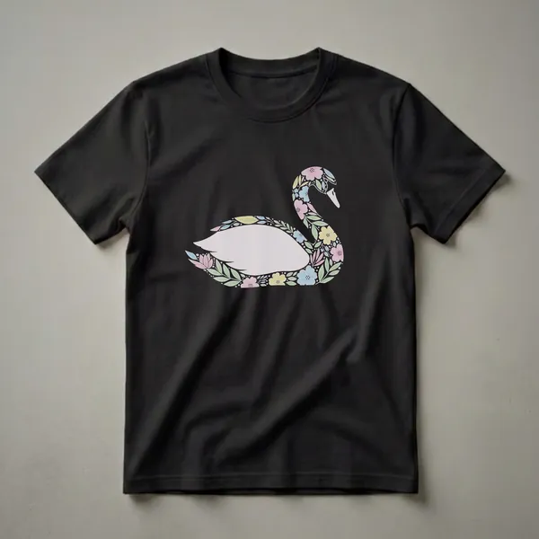 Black t-shirt featuring a stylized swan illustration filled with pastel pink, blue, and yellow flowers and green leaves.