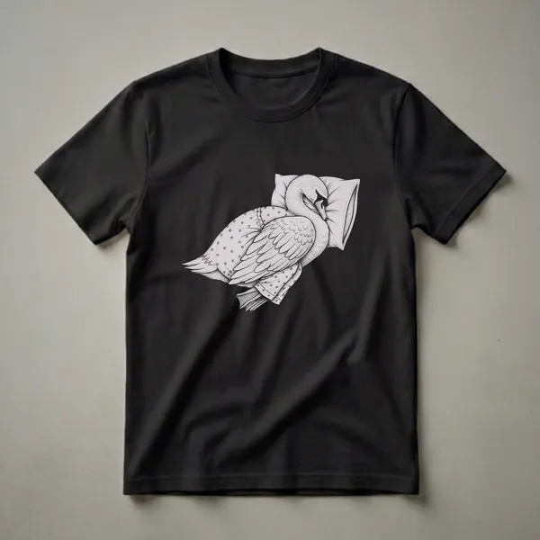 White graphic t-shirt featuring a black and white pencil drawing of a swan wearing polka dot pajamas and sleeping on a pillow.
