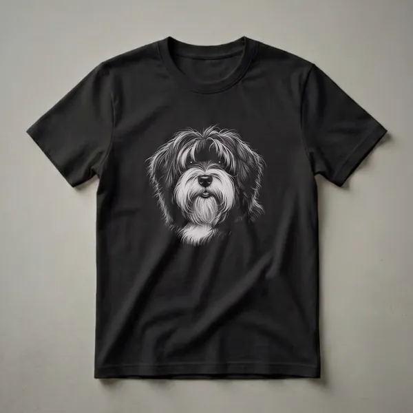 Black t-shirt featuring a detailed white and grey line drawing of a Tibetan Terrier's face with shaggy fur and expressive eyes.