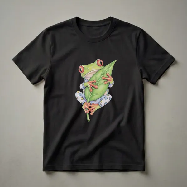 Green red-eyed tree frog wearing blue pajamas with cloud patterns, clinging to a green leaf, on a black background.