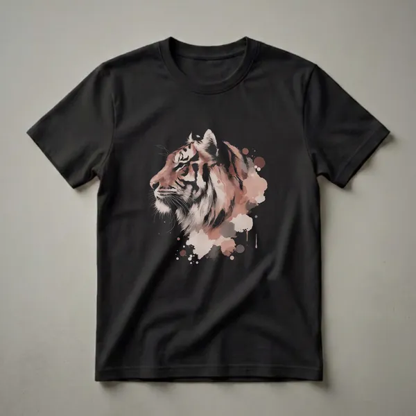 Black t-shirt featuring a watercolor-style profile drawing of a tiger's head in shades of brown, beige, and black, with abstract paint splatters.