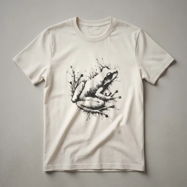 A dark grey abstract ink splash drawing of a frog on a black t-shirt, with paint splatters creating a dynamic effect.