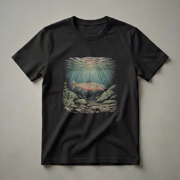 Black t-shirt featuring a detailed drawing of a trout swimming underwater, with sunbeams filtering through the water onto rocks and aquatic plants.