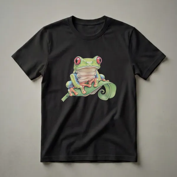 Green t-shirt featuring a detailed colored pencil drawing of a red-eyed tree frog with bright red eyes, resting on a curled green leaf.