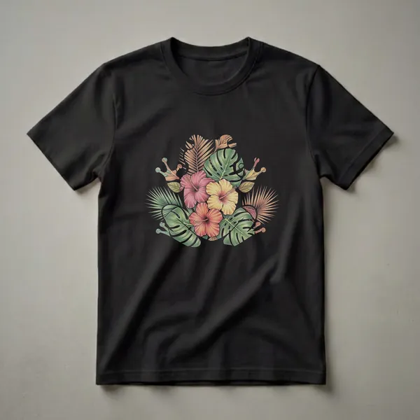 Black t-shirt with a graphic design of a frog silhouette filled with colorful hibiscus flowers and tropical green and brown leaves.