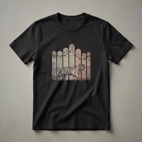 Black graphic t-shirt featuring a retro drawing of a tiger walking through grass with a stylized jungle and sunburst background.