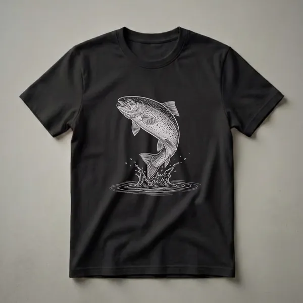 Black t-shirt featuring a detailed white sketch of a brown trout leaping out of splashing water, with ripples on the surface.
