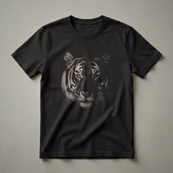 Black t-shirt with a realistic drawing of a tiger's face in shades of brown, white, and orange, set against a black background.