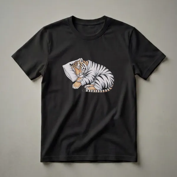 White t-shirt with a drawing of an orange and black striped tiger wearing white pajamas and sleeping on a white pillow.