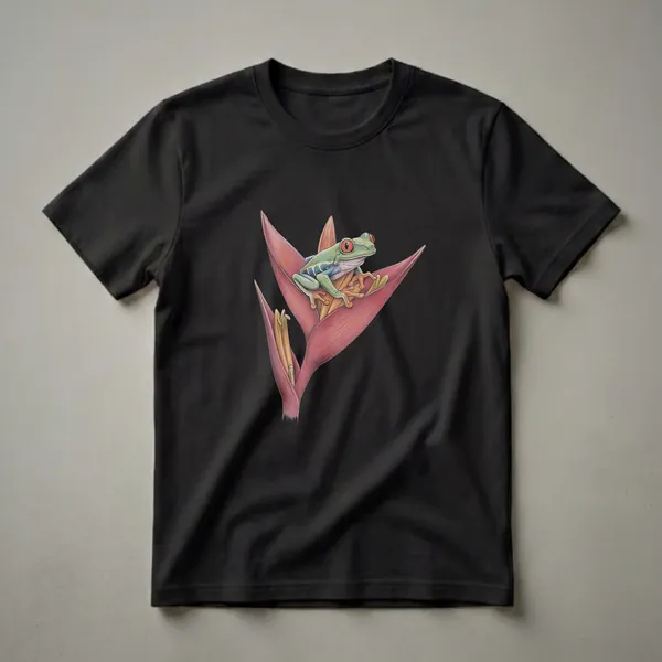 A green red-eyed tree frog with bright red eyes sits on a pink and yellow tropical flower against a black background, depicted in a detailed drawing style.