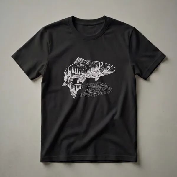 Black t-shirt with a white line-art graphic of a trout filled with a mountain and forest landscape, with a river flowing below.