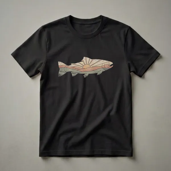 A graphic t-shirt featuring a trout silhouette filled with a retro sunset landscape art design, showcasing muted earth tones and greens.