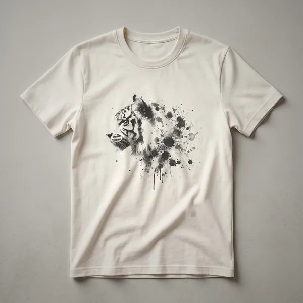 Black t-shirt featuring a monochromatic abstract drawing of a tiger's head with grey paint splatters and drips.