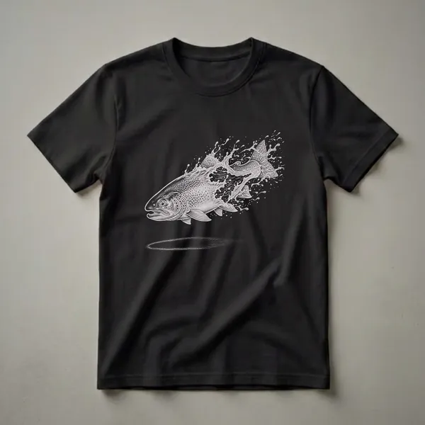Black t-shirt featuring a detailed white line drawing of a trout leaping out of a splash of water, with a subtle trail effect below.