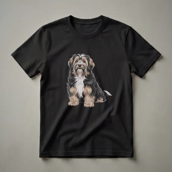 Black, tan, and white Tibetan Terrier dog sitting, depicted in a detailed drawing art style on a black t-shirt.