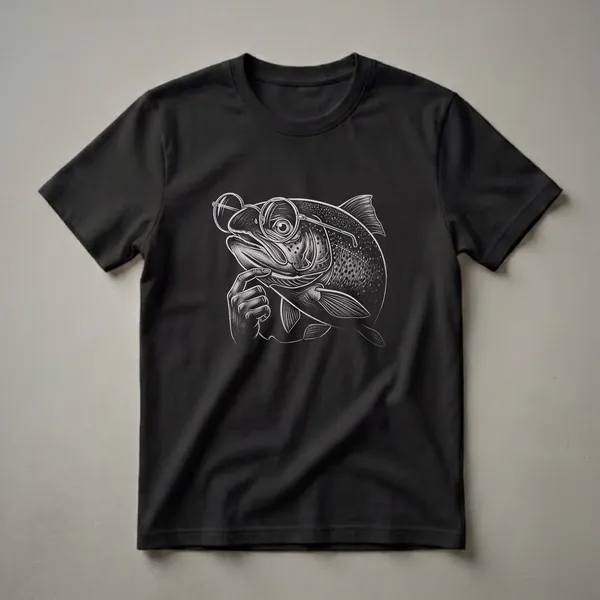Black t-shirt with a white line drawing of a trout wearing round glasses and resting its chin on its finger, appearing to think.