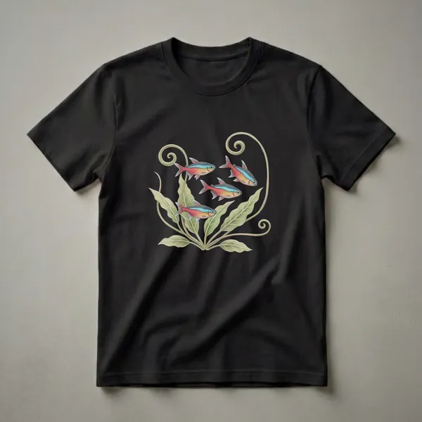 Black t-shirt featuring a vintage colored pencil drawing of four Neon Tetra fish swimming among green aquatic plants and decorative swirls.