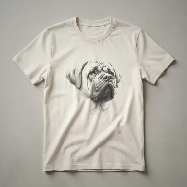 Black line drawing of a Tosa Inu dog's head with subtle shading details on a white t-shirt background.