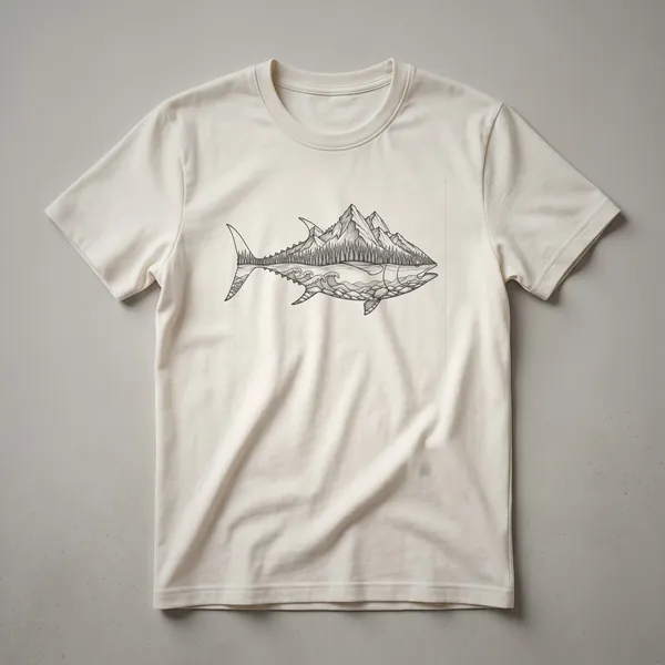 Black line art drawing of a tuna fish silhouette filled with a mountain range, pine forest, and ocean waves, printed on a black t-shirt.
