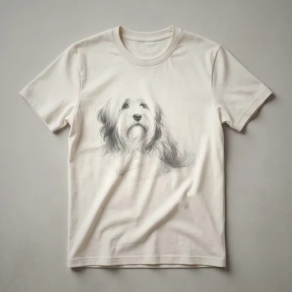 Black line drawing of a Tibetan Terrier's head and flowing mane on a white t-shirt.