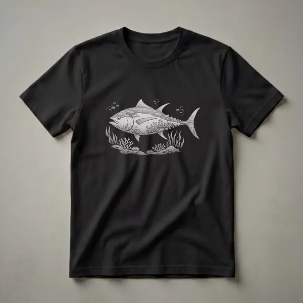 Black t-shirt featuring a detailed pencil drawing of a tuna fish swimming underwater with coral, seaweed, and bubbles.