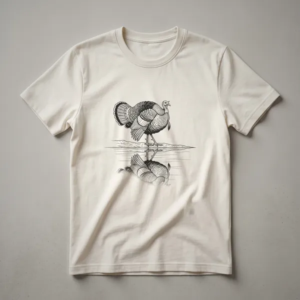 Black and white line drawing of a wild turkey standing on a bank with its reflection in the water below, printed on a black t-shirt.