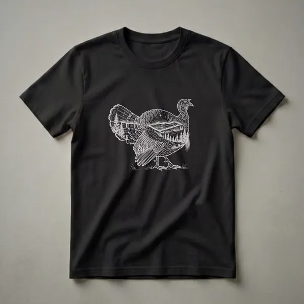 Black t-shirt with a white line drawing of a wild turkey filled with a landscape scene of pine trees, mountains, and stars.