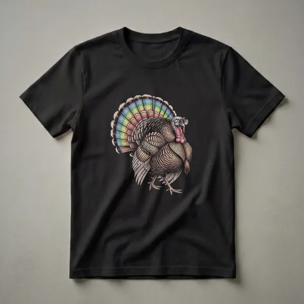 Black t-shirt featuring a vintage-style drawing of a turkey with a rainbow-colored fan tail and aviator sunglasses.