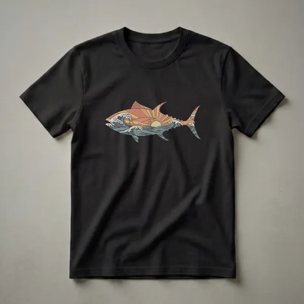 Black t-shirt featuring a tuna silhouette filled with a retro sunset and stylized ocean waves in orange, yellow, and blue.