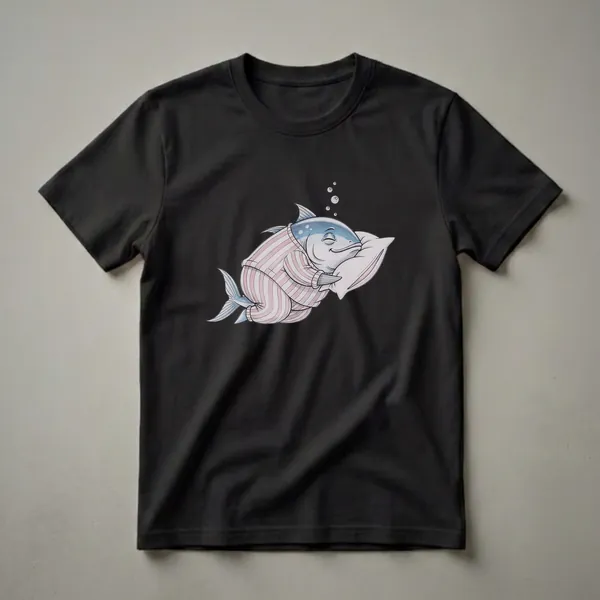 A blue and white tuna fish wearing pink and white striped pajamas sleeps soundly on a light pink pillow, with bubbles floating above its head.