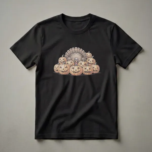 A graphic t-shirt design featuring a hand-drawn turkey with wide eyes, surrounded by a group of carved jack-o'-lanterns with various spooky faces.