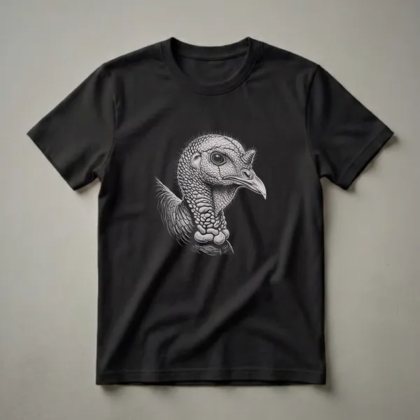 Black t-shirt with a detailed black and white drawing of a turkey's head in profile, showcasing intricate scales and features.