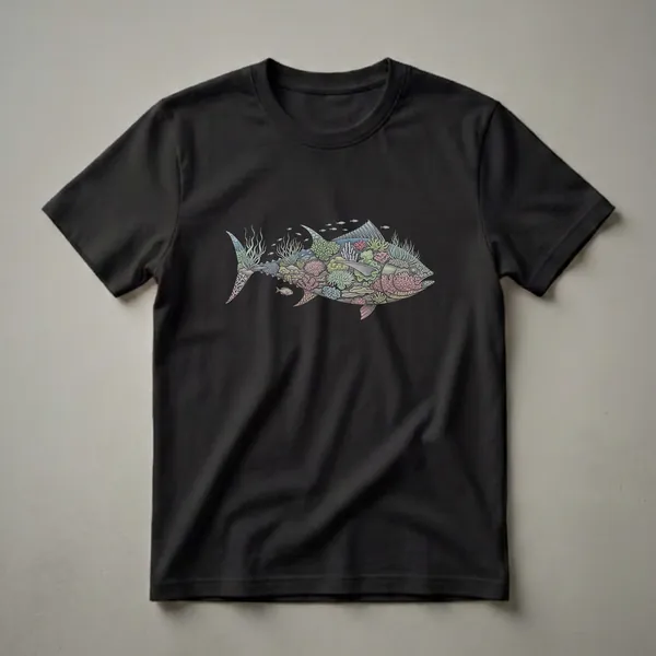 Black t-shirt featuring a detailed illustration of a tuna fish whose body is composed of colorful coral, anemones, and small fish swimming around it.