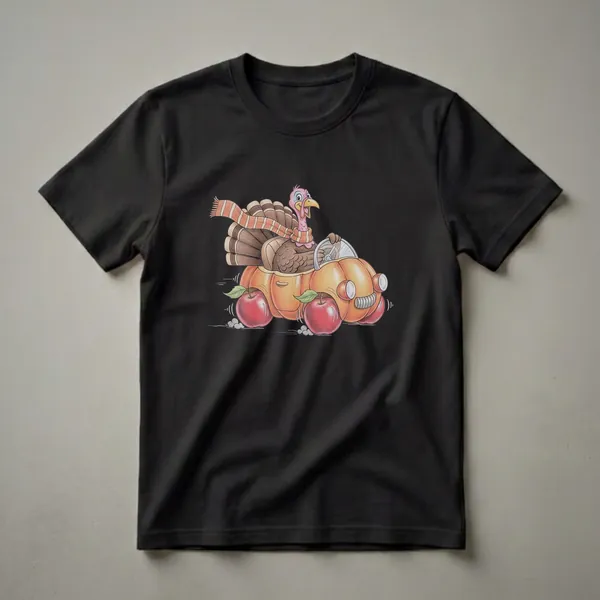 A cartoon turkey wearing an orange and brown striped scarf drives a pumpkin-shaped car with red apple wheels, set against a black background.