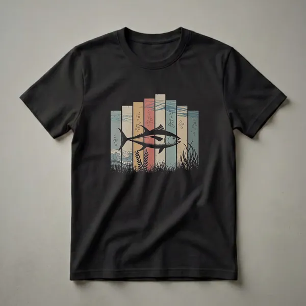 Black graphic t-shirt featuring a retro-style drawing of a tuna swimming underwater with stylized waves, aquatic plants, and vertical colored stripes.