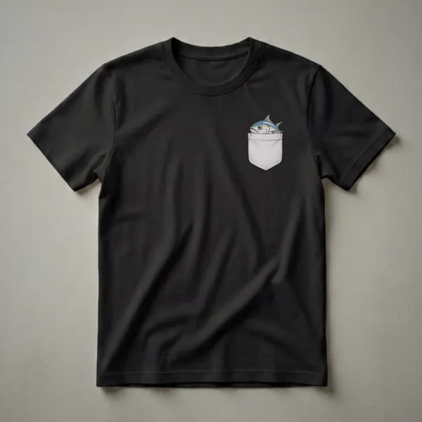 A graphic t-shirt featuring a hand-drawn illustration of a blue and yellow tuna fish peeking out of a light grey faux chest pocket.