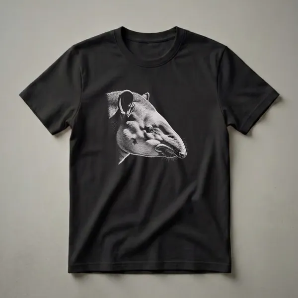 Black t-shirt with a detailed white scratchboard drawing of a tapir's head in profile, showcasing its snout, ears, and fur texture.