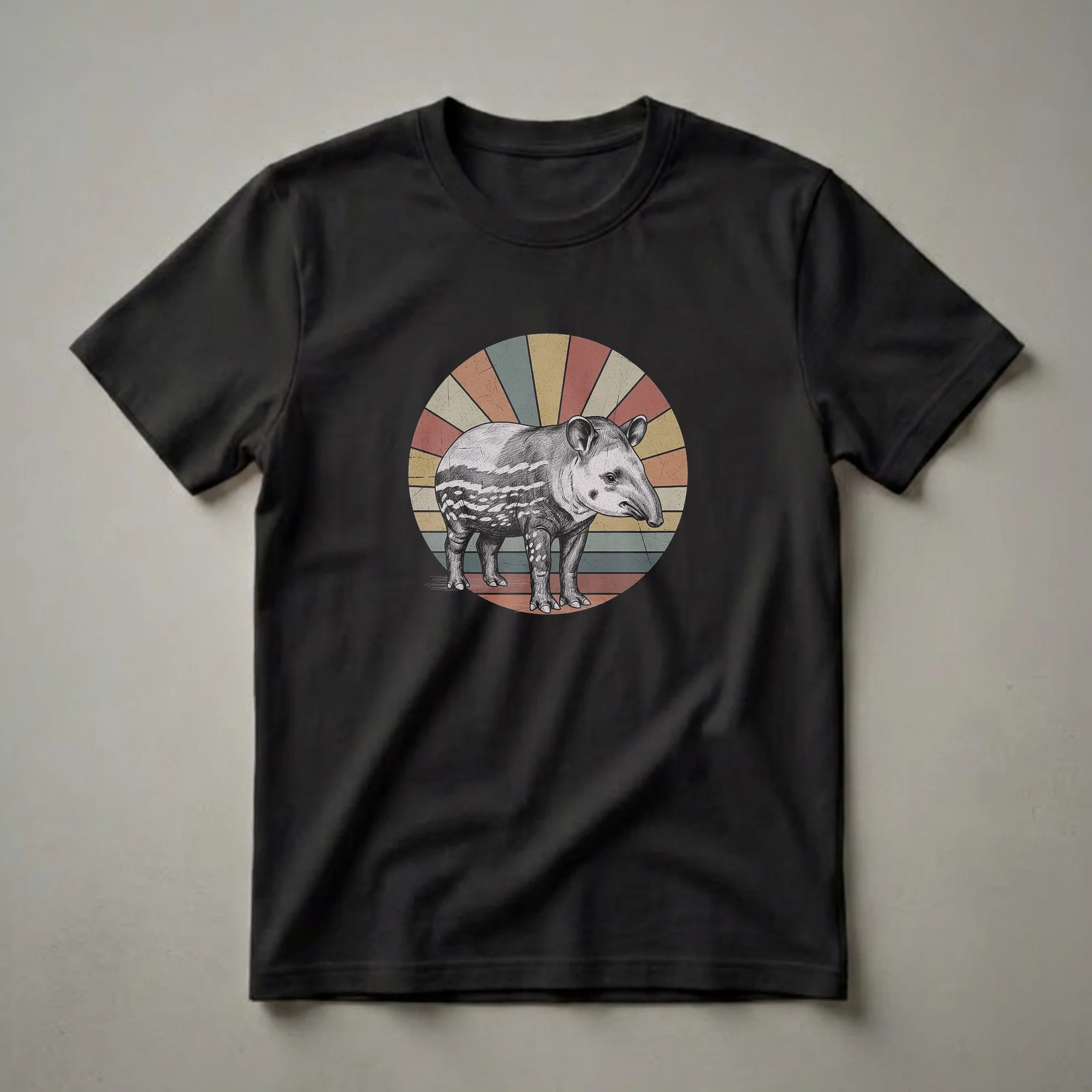 Vintage Tapir Drawing Retro Sunburst Graphic T-Shirt for Wildlife