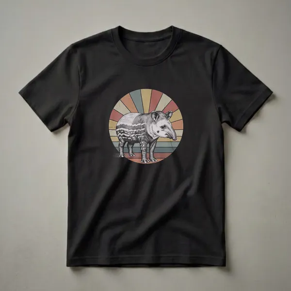 Black and white drawing of a tapir with a retro, multi-colored sunburst background on a black t-shirt.