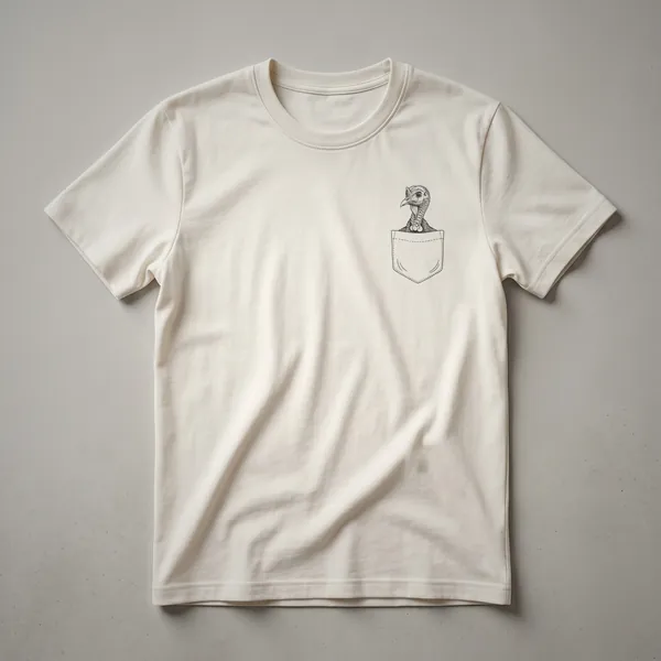 Black and white line drawing of a turkey's head peeking out of a faux shirt pocket, on a white t-shirt.