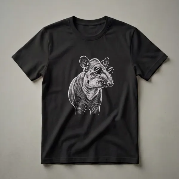 Black and white sketch of a tapir wearing aviator sunglasses, depicted on a black background.