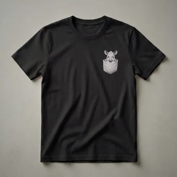A black t-shirt featuring a detailed pencil sketch of a tapir's head peeking out of a faux pocket, with its paws resting on the pocket's edge.