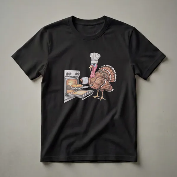White graphic t-shirt featuring a hand-drawn illustration of a turkey wearing a chef's hat, pulling a pie out of a lit oven with a pie server.