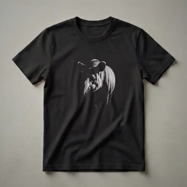Black and white graphic t-shirt featuring a detailed drawing of a tapir's head and upper body, illuminated by dramatic lighting against a black background.