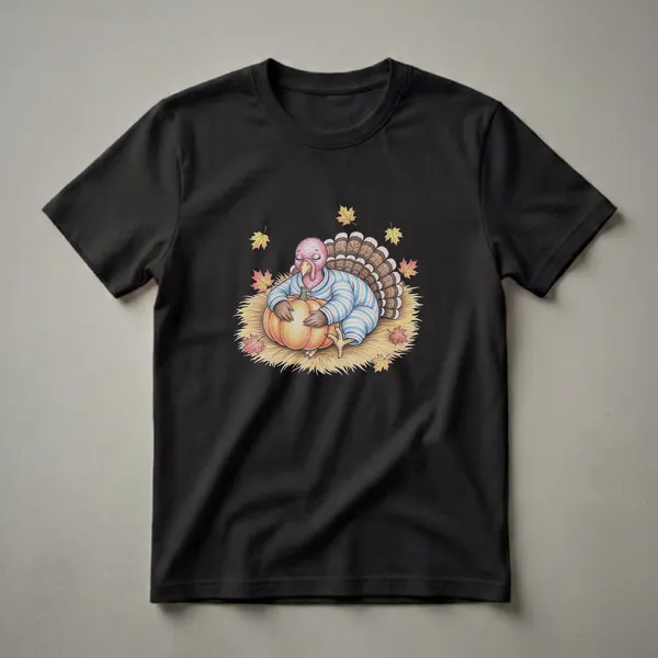 Black t-shirt featuring a hand-drawn illustration of a turkey wearing blue and white striped pajamas, hugging a pumpkin while sitting on straw, with autumn leaves scattered around.