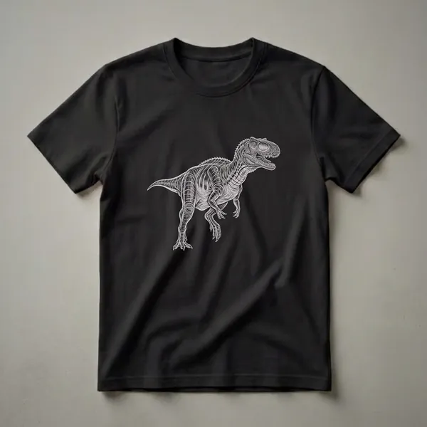 White line drawing of a Tarbosaurus dinosaur with sharp teeth and claws, depicted in profile against a black background.