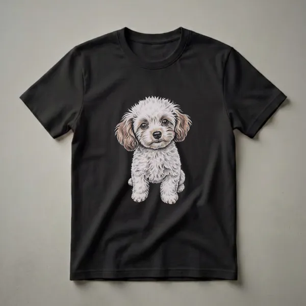 White and brown teacup poodle drawing on a black t-shirt, featuring fluffy fur and large dark eyes.
