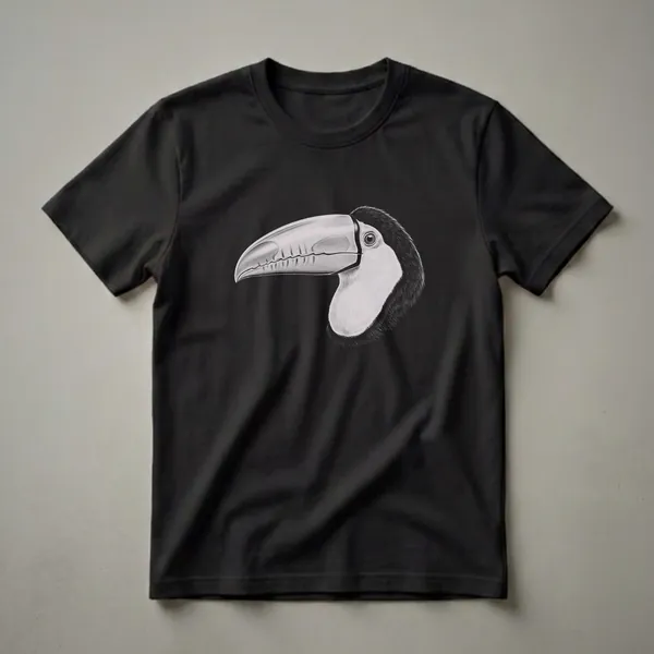 Black t-shirt with a detailed vintage pencil sketch of a toucan's head and beak in grayscale, set against a black background.