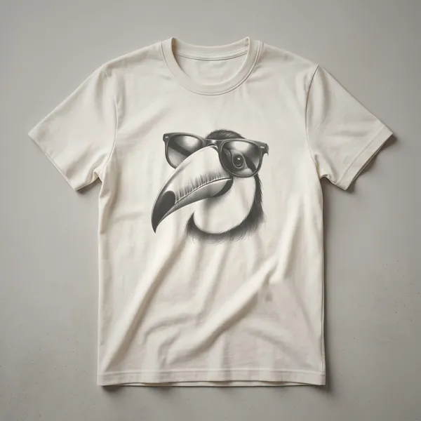 Black and white line art graphic t-shirt featuring the head of a toucan wearing dark sunglasses, with its large beak prominent.
